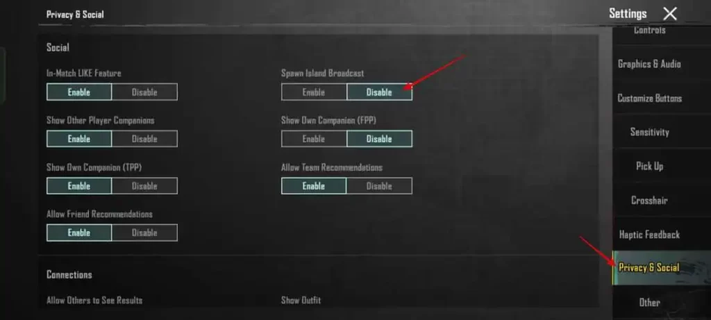 Click on Privacy & Social > Disable "Spawn Island Broadcast"